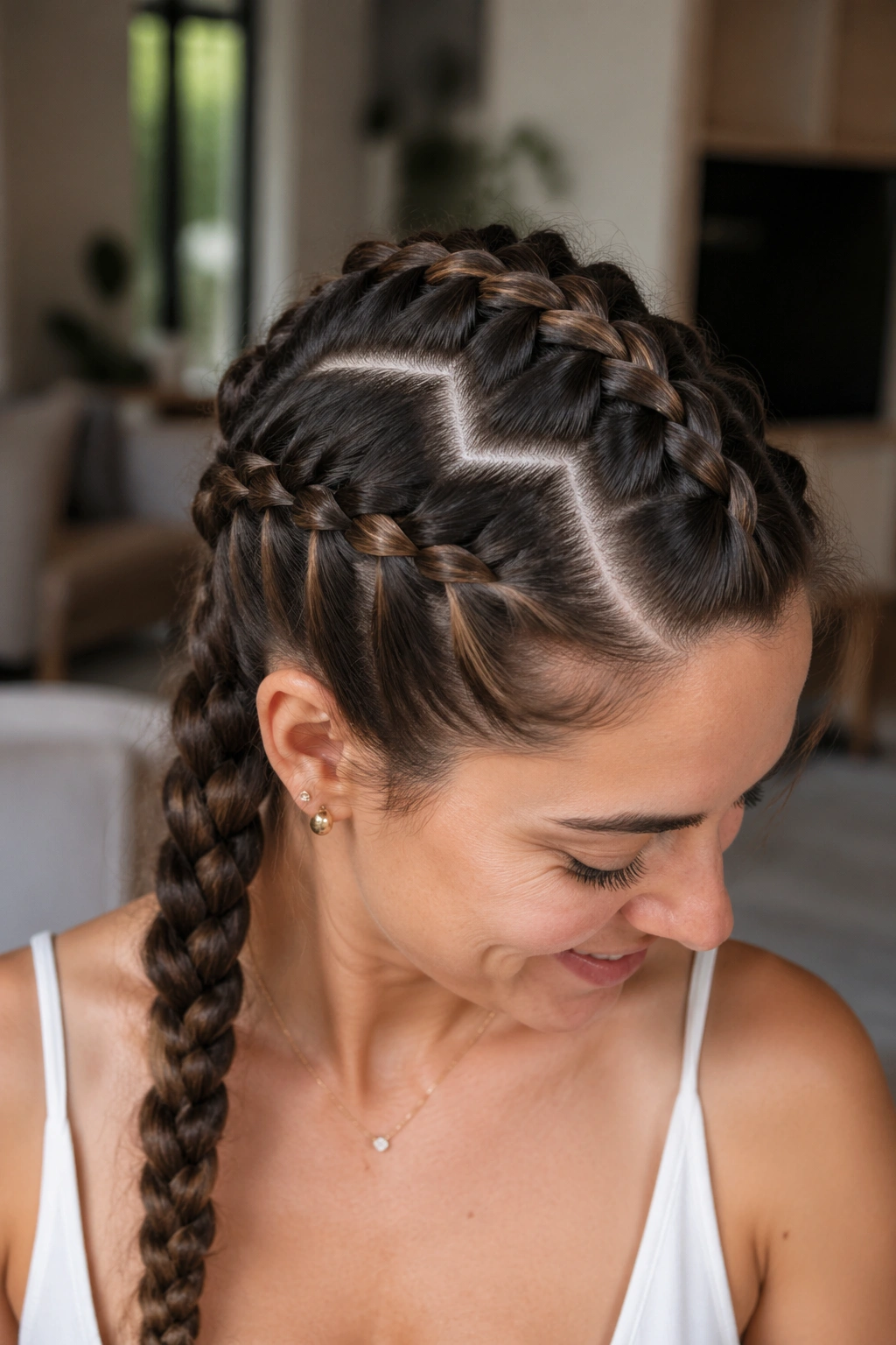 Close-up of a real person showing a zigzag crown part with a French braid.