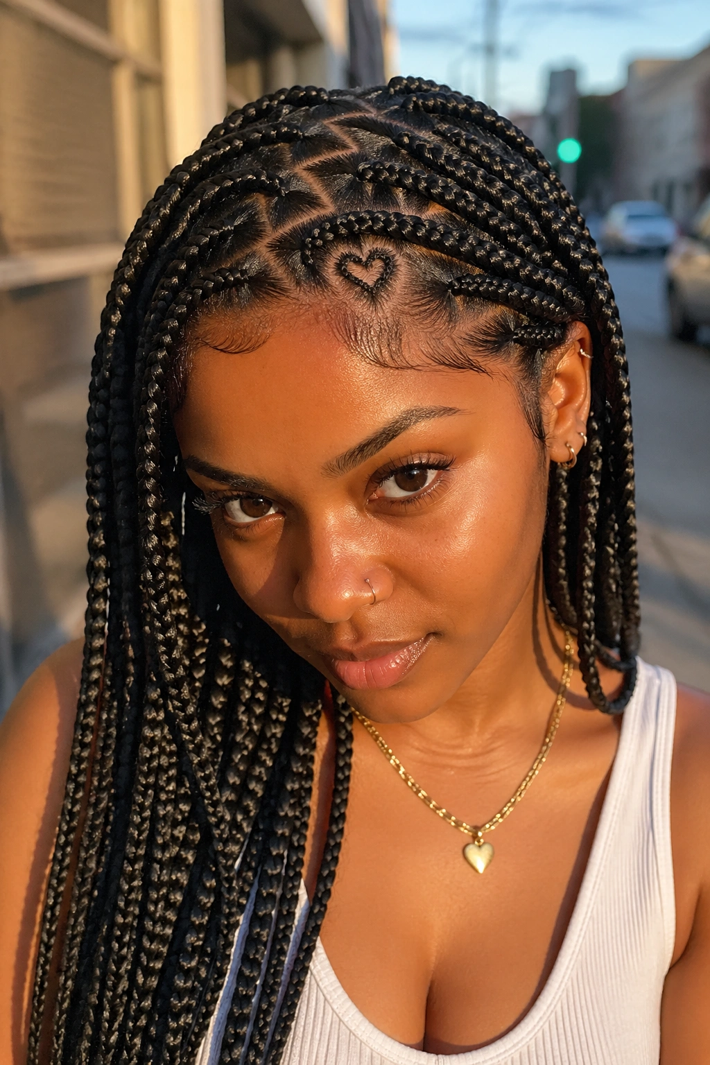 Close-up of real woman with zig-zag part and small heart accent in knotless braids