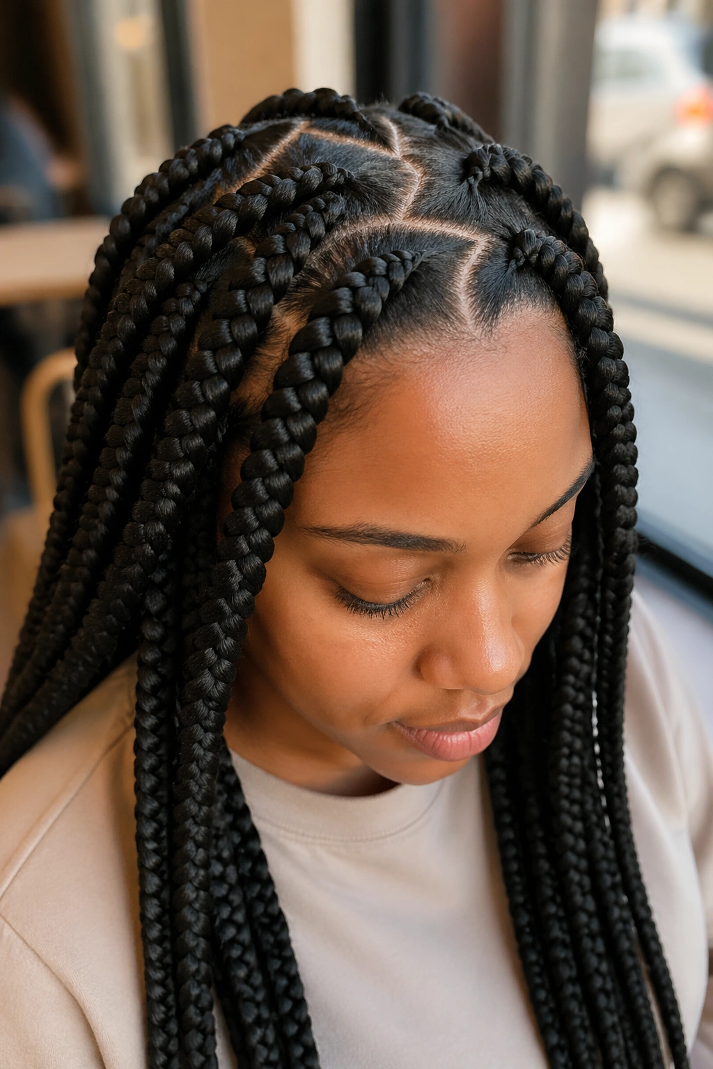 Close-up of a real woman with zigzag-parted jumbo feed-in braids