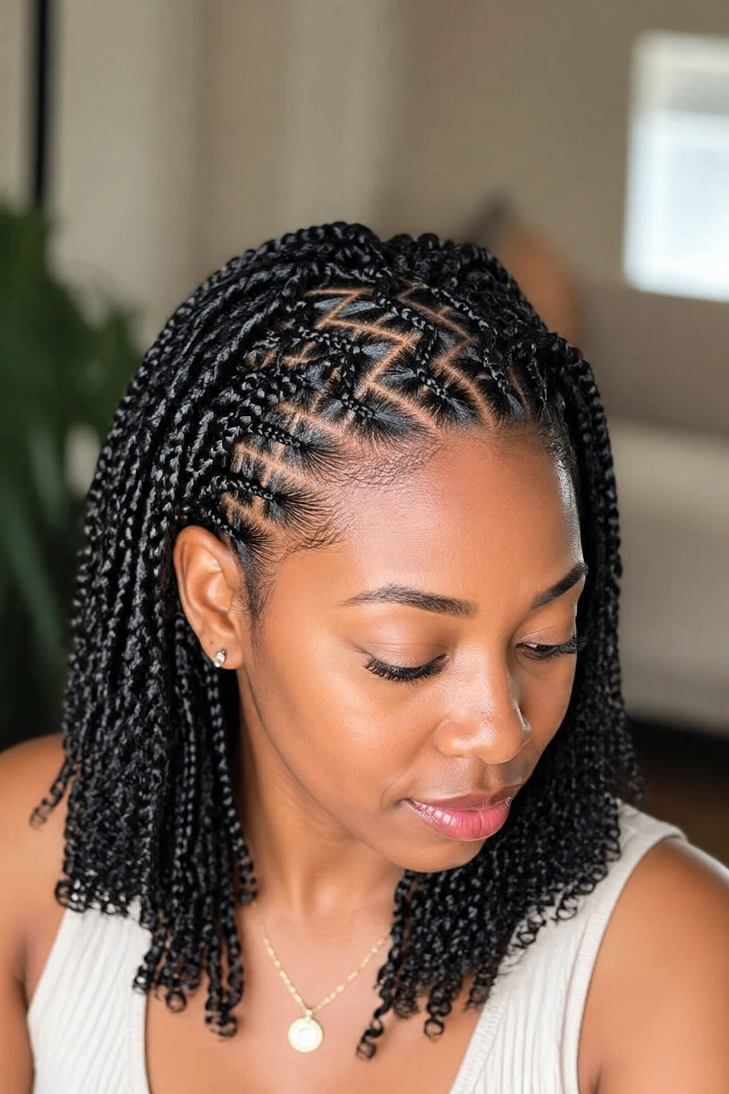 Close-up portrait of a woman with a zigzag-part lace braid and crisp scalp lines.