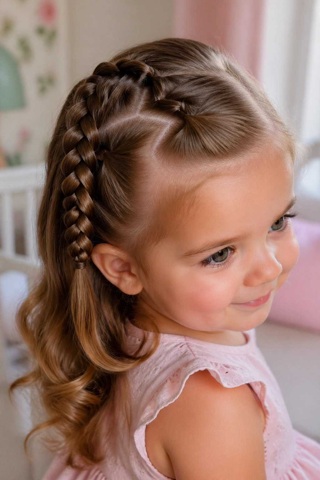 Toddler with zigzag part and pancake half-up braid