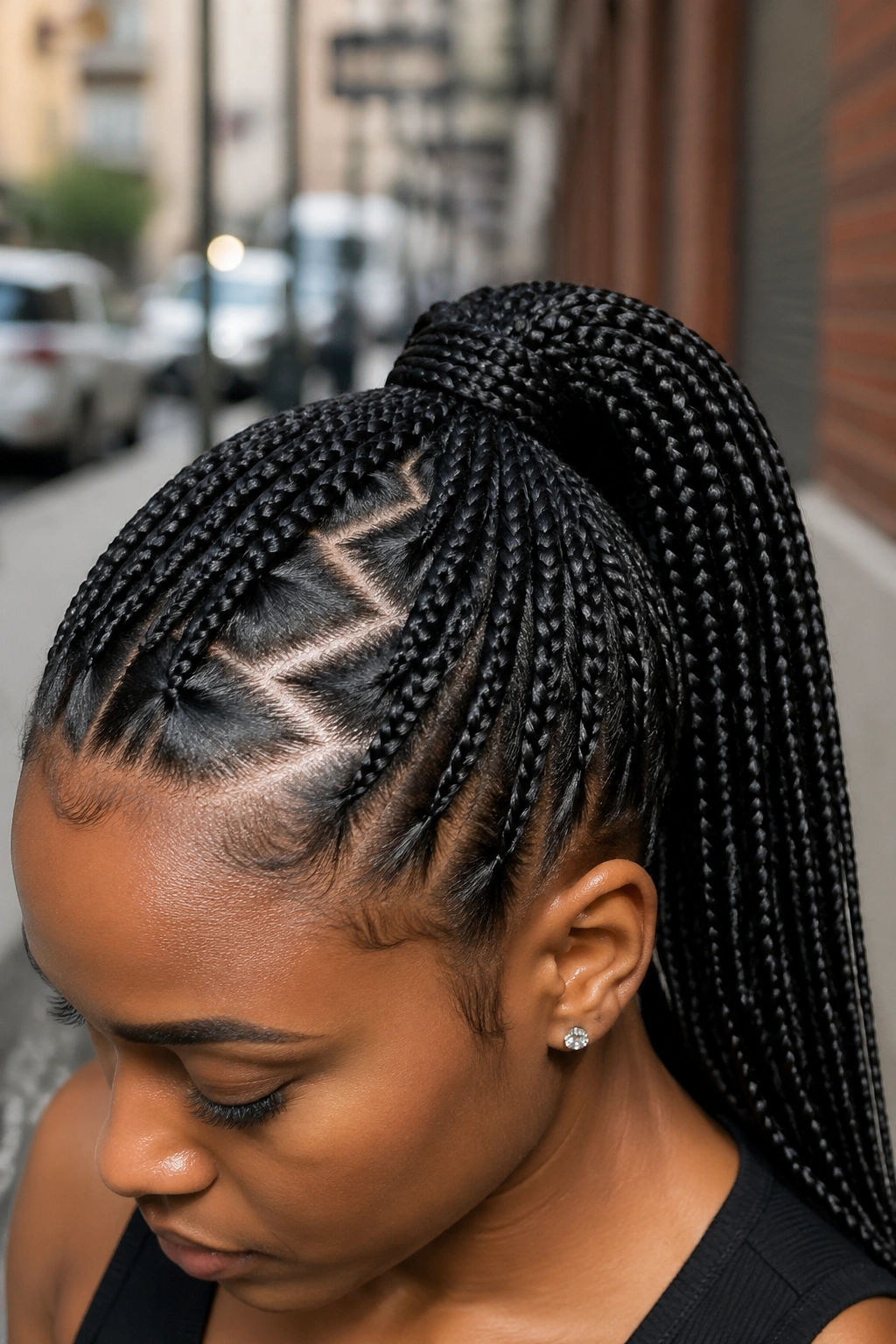 Close-up of a real woman with zigzag-part ponytail on a city street