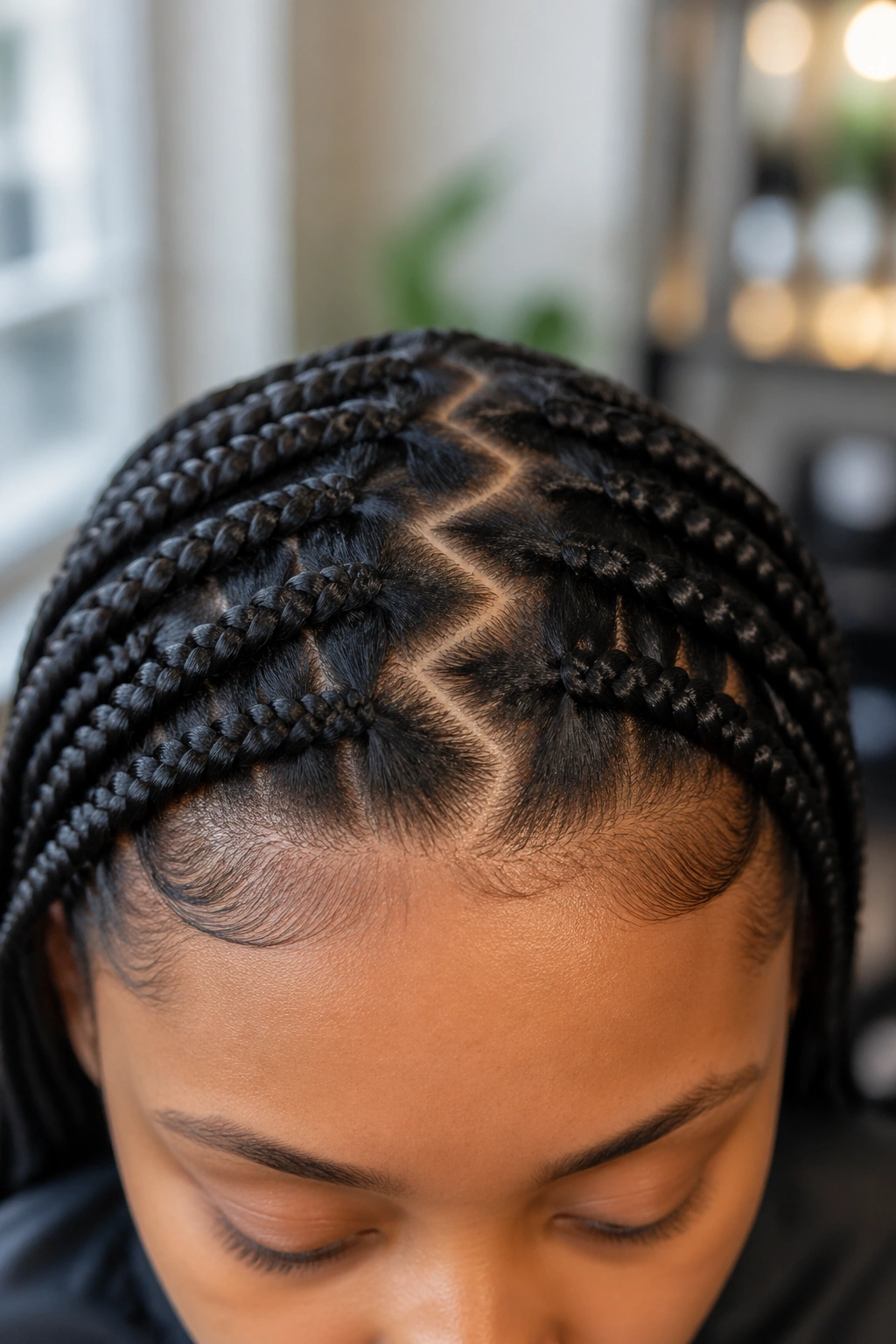 Close-up of a real person's front hairline showing a zig-zag parting pattern.