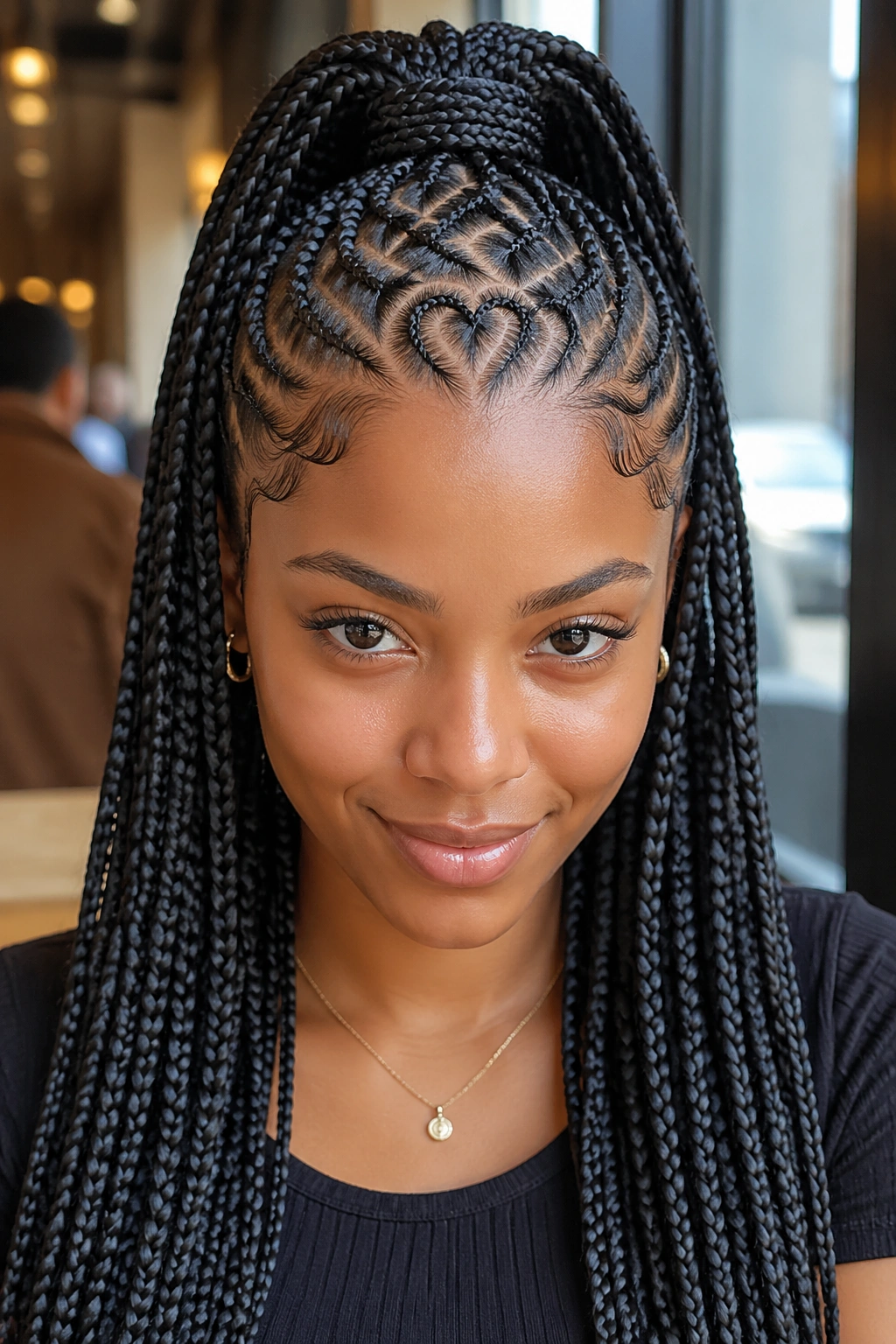 Close-up of a real person showing zigzag parting with a heart and half-up braids