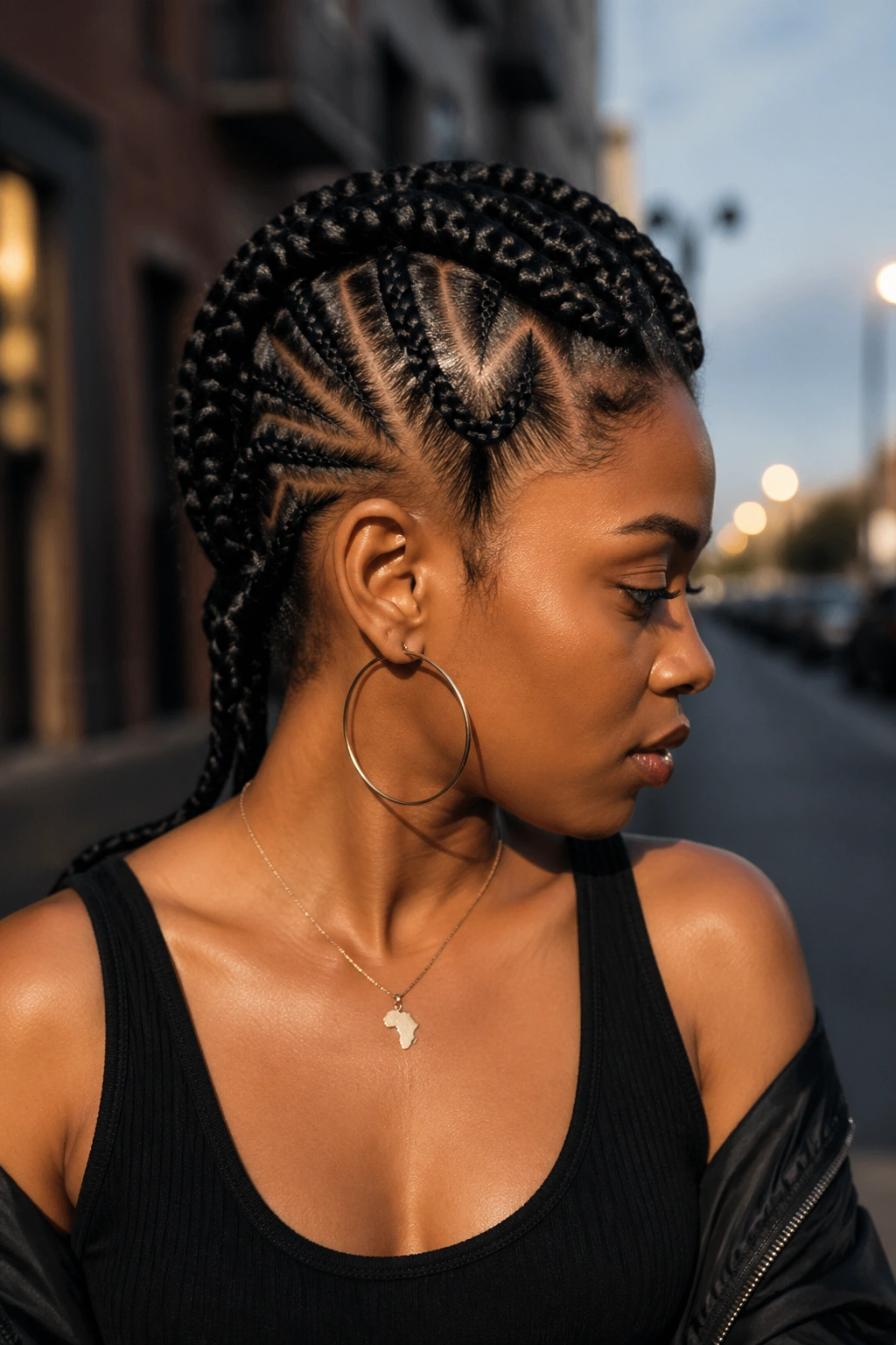 Person with zigzag-part mohawk braids in urban setting.