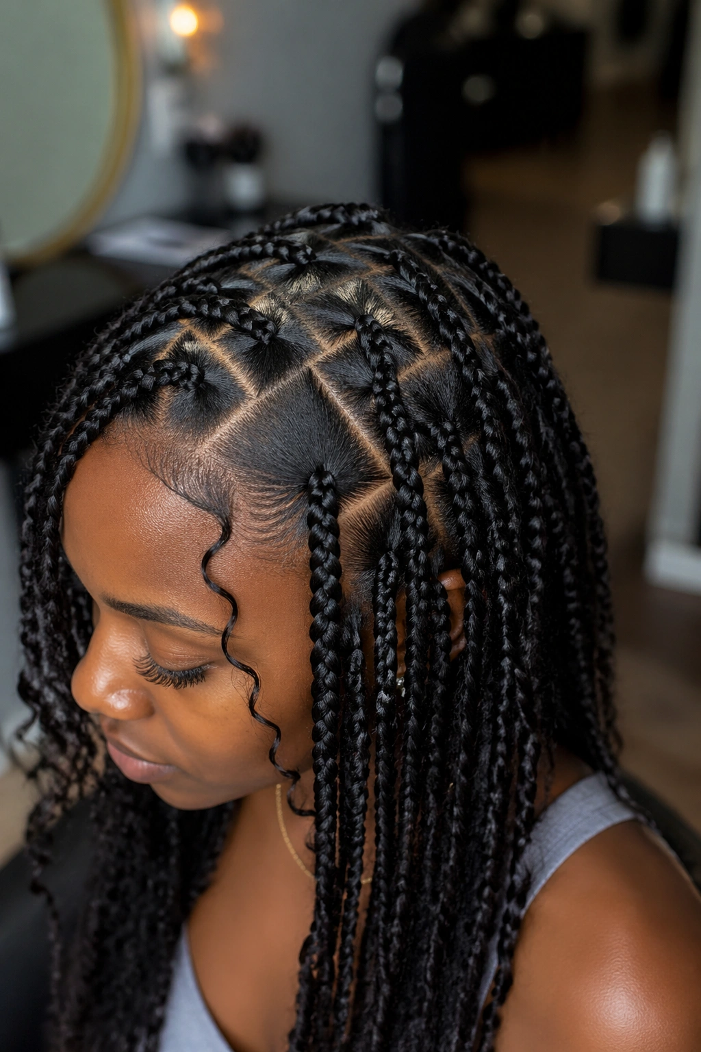 Close-up of zigzag part patterns on scalp with goddess braids