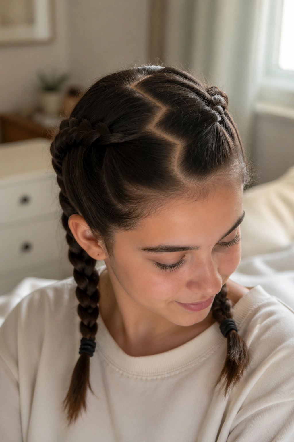Portrait of real person with zigzag part twin braids in a bright bedroom