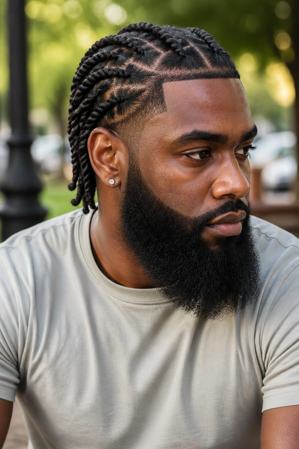 Close-up of a man with zigzag part twist braids and a clean beard line