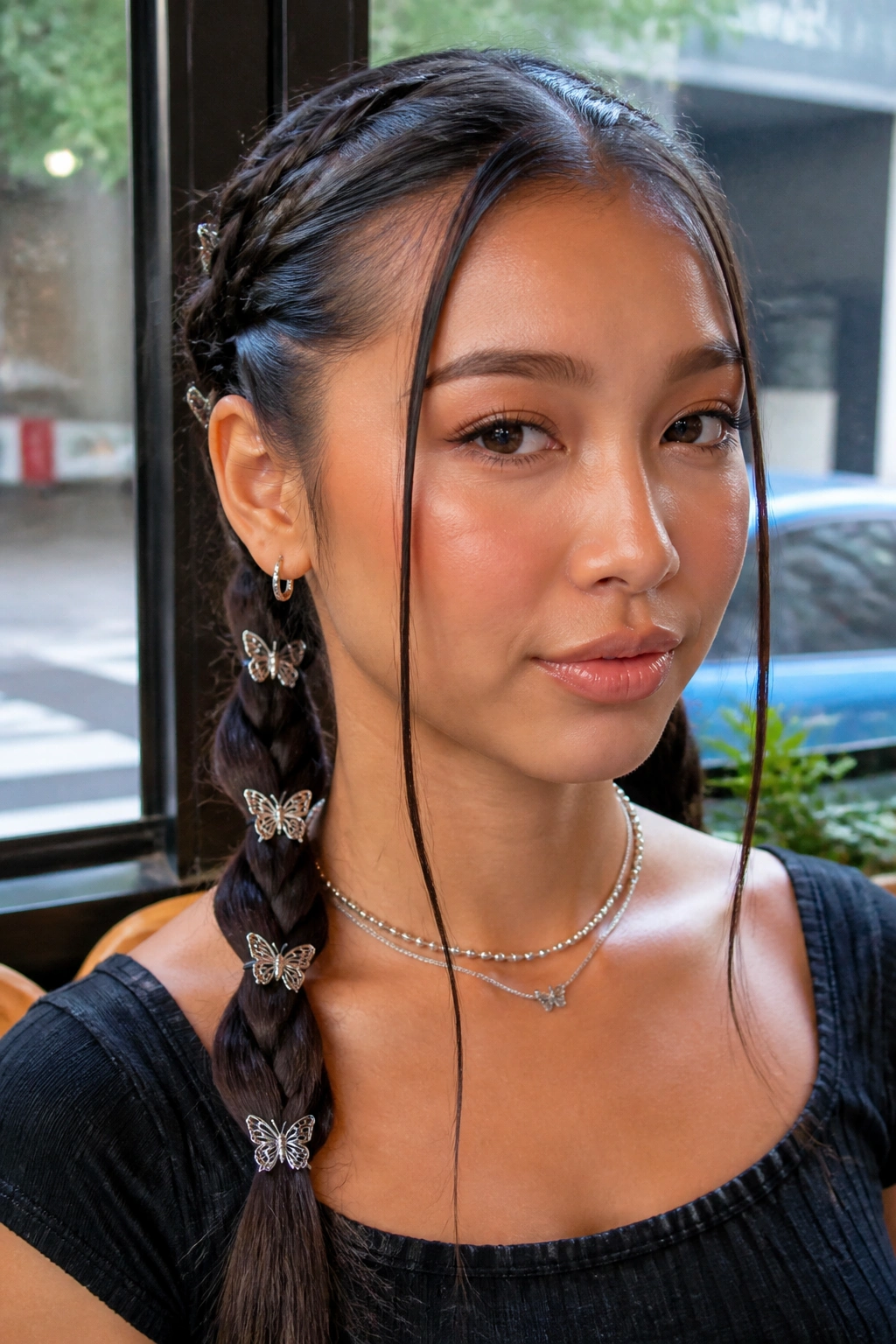 Close-up of a woman with 90s style tendrils and butterfly clips in front.