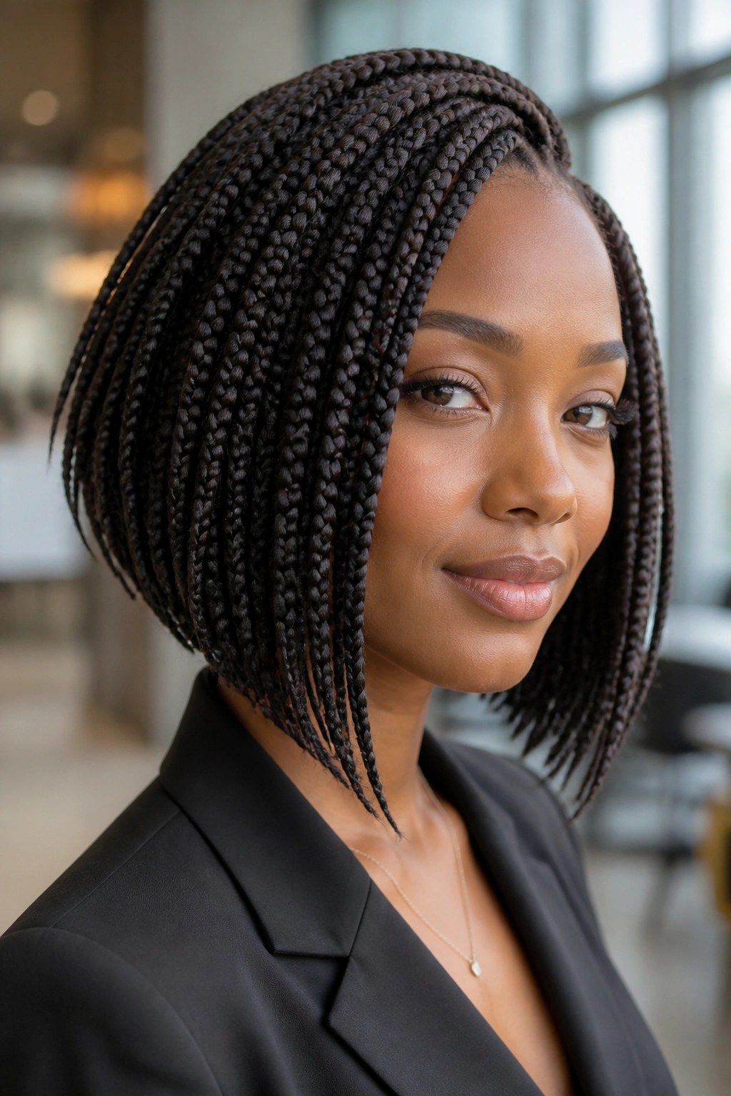 Portrait of a woman with tapered back A-line goddess bob.