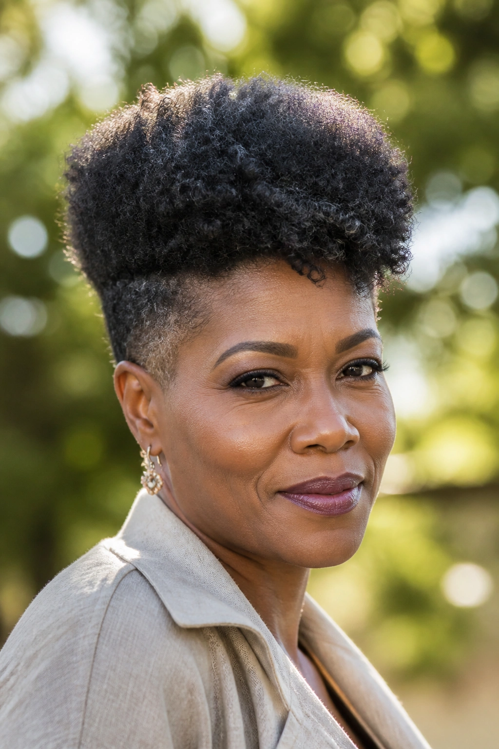 Real woman with high-volume Afro-textured crop outdoors in daylight