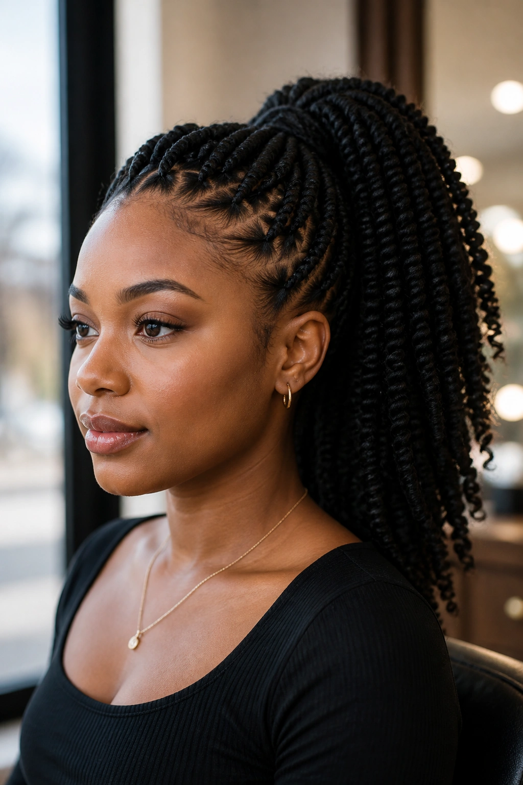 Close-up of a real woman with a crochet afro twist ponytail secured at the crown