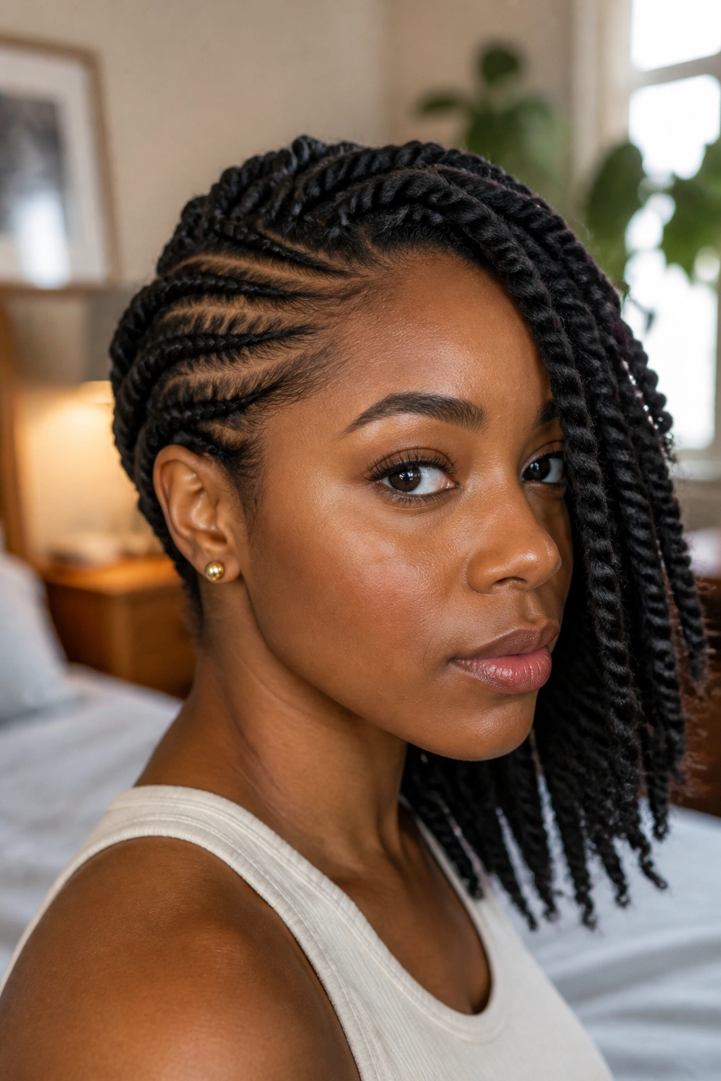 Close-up of side-parted afro twists with flat-twist on a real person