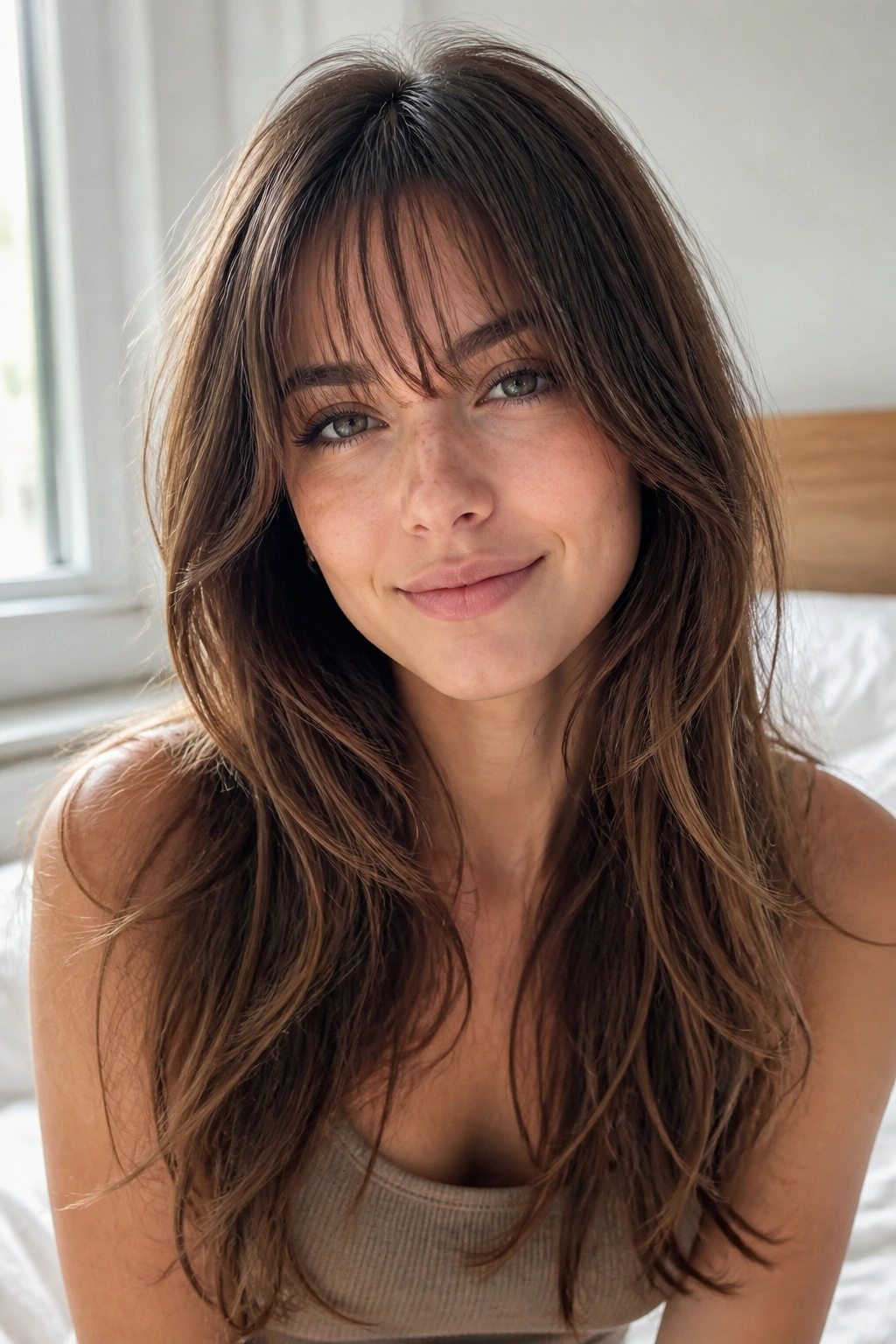 Close-up portrait of a real woman with wispy see-through bangs and long soft layers