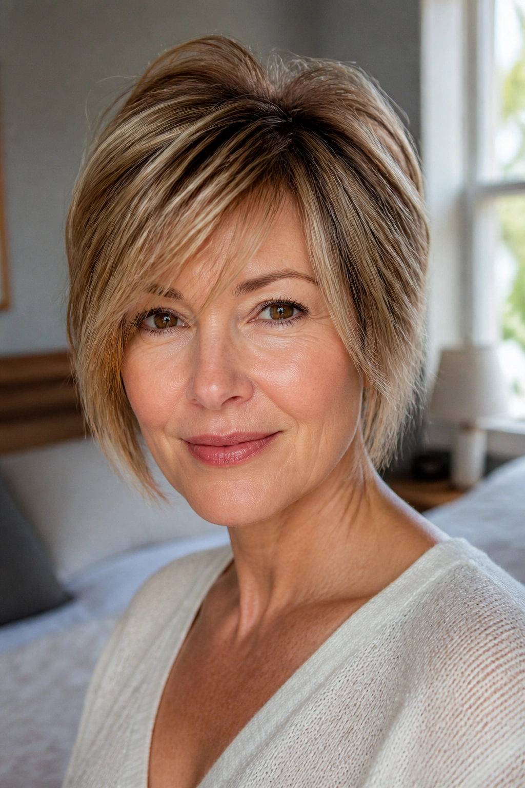 Close-up portrait of a woman with airy layers and cheekbone-length side bangs in fine hair.