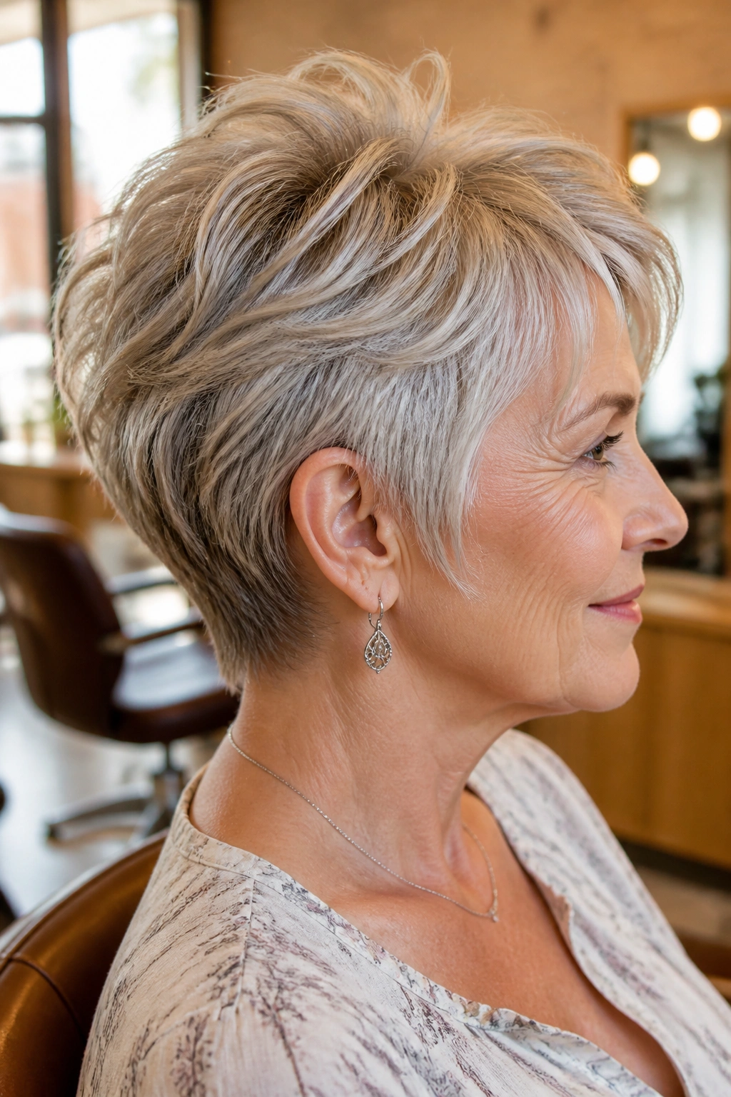 Side-profile of a real woman with airy short crop showing nape layers
