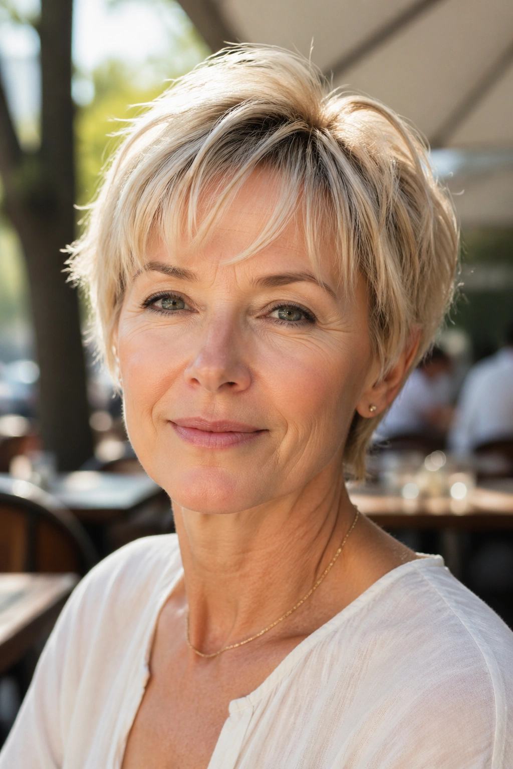 Close-up of real person with airy short cut and light fringe.