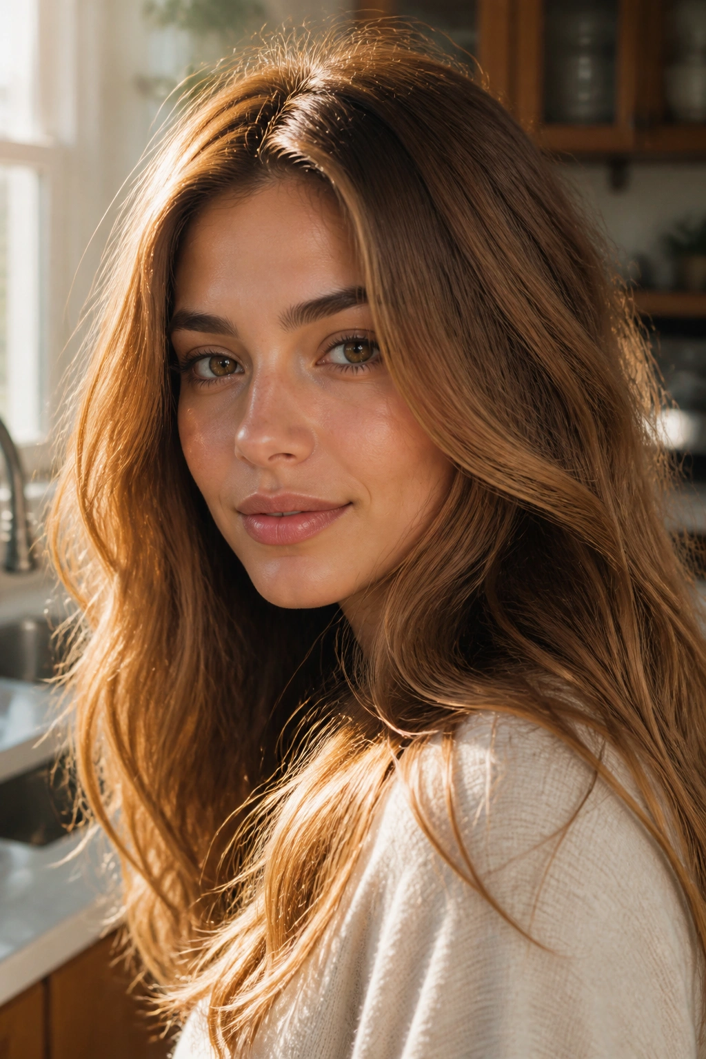 Close-up portrait of a real person with amber brown hair catching amber glow in warm light