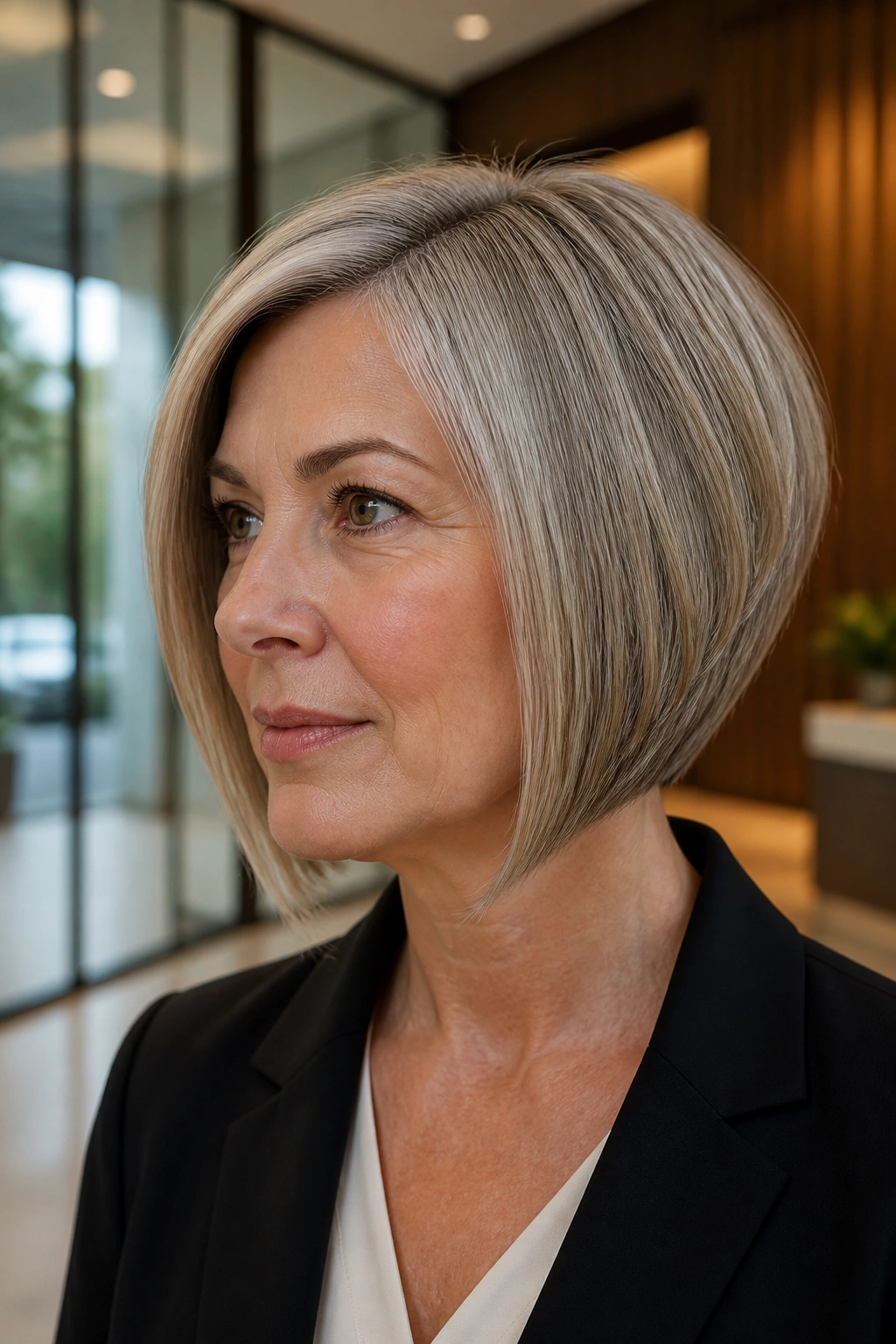 Close-up of a real woman with an angled A-line bob highlighting the front-leaning silhouette.