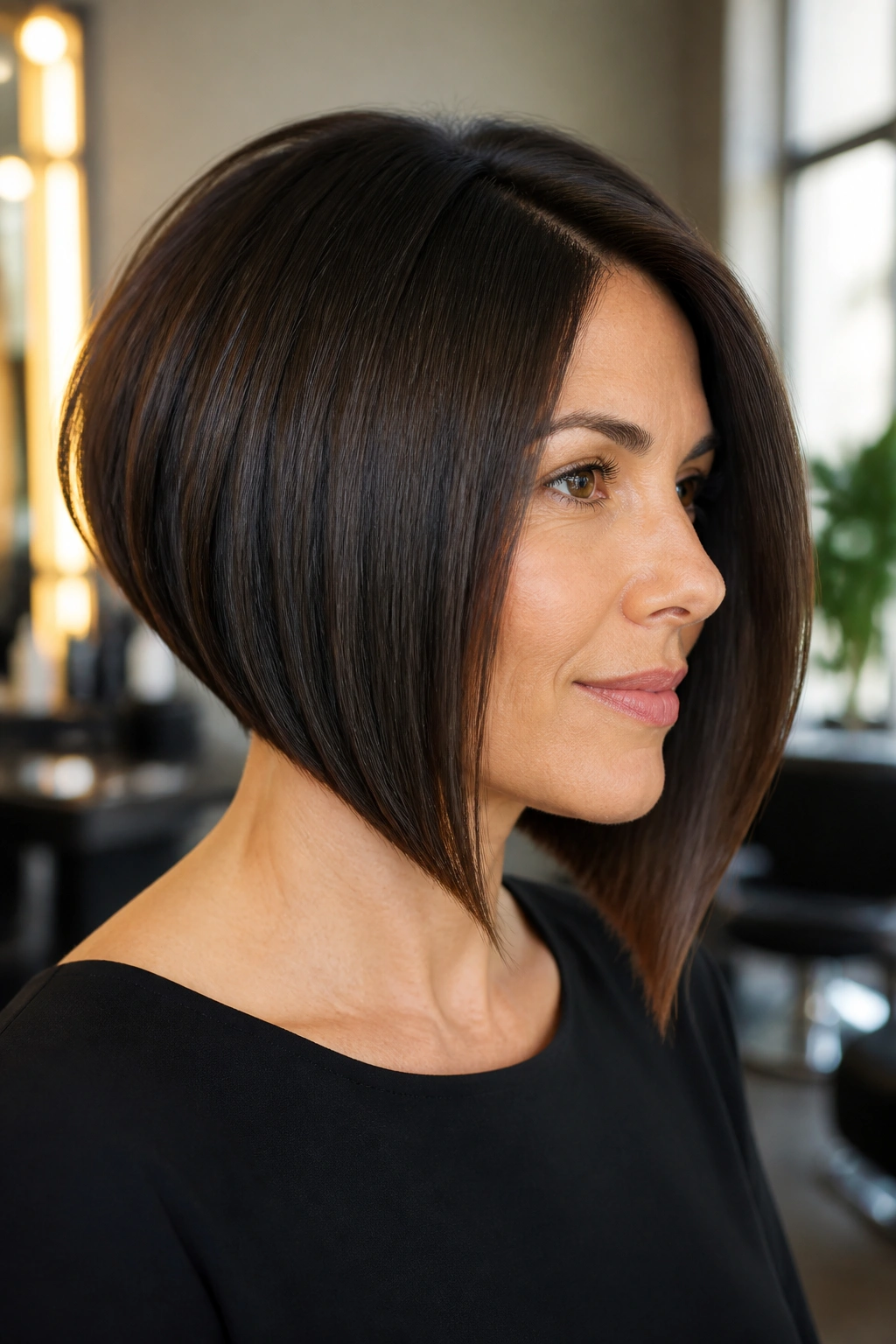 Close-up portrait of a real woman with an angled bob featuring a clean diagonal line in a softly lit salon setting