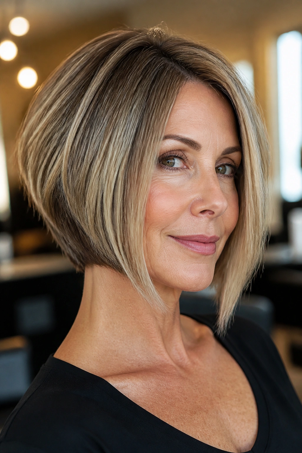 Close-up portrait of a real woman with angled bob and longer front pieces in a salon setting