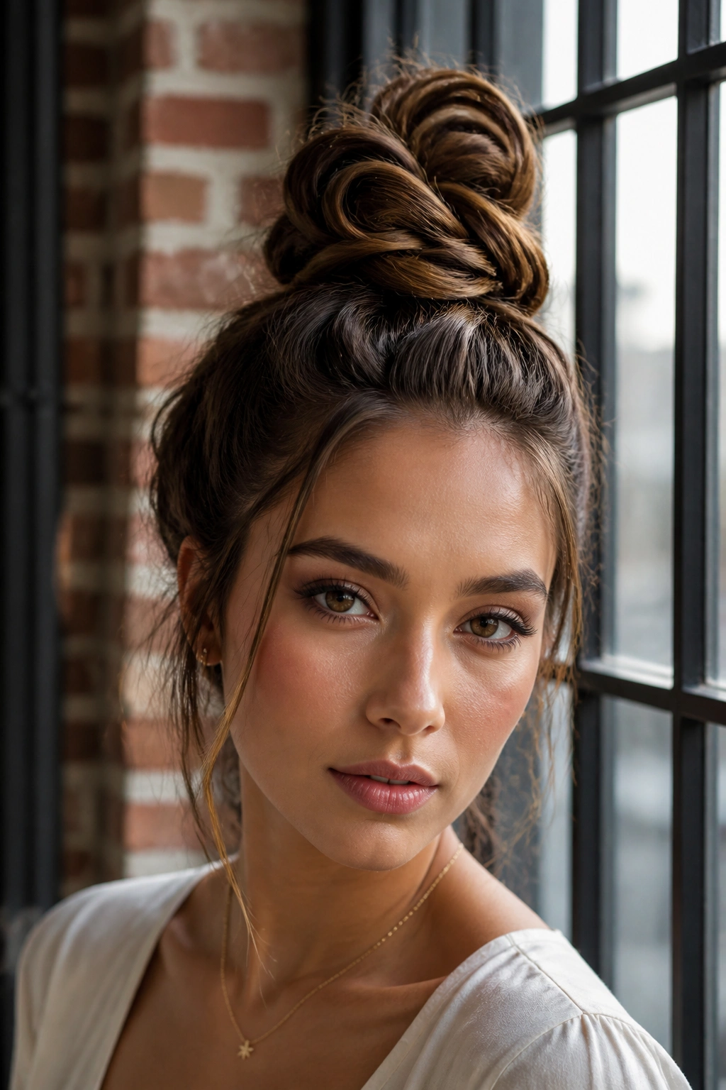 Close-up of a real woman with an architectural top knot in a bright urban loft