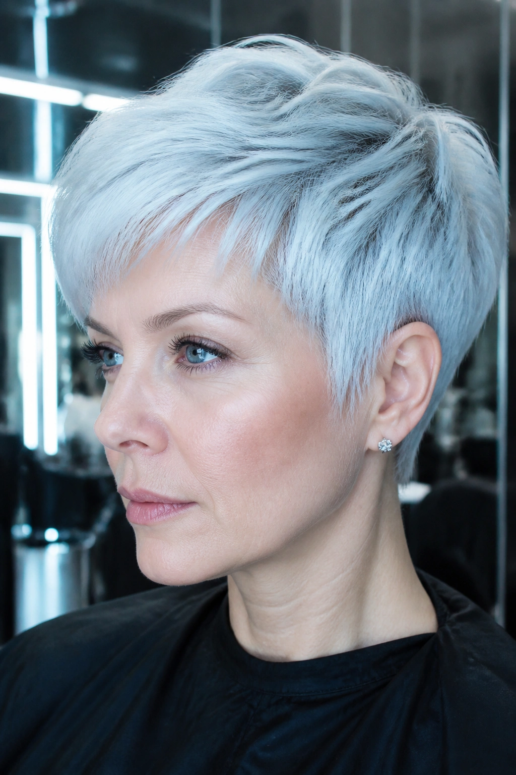 Close-up portrait of a real woman with icy blue-white hair in a sleek modern salon
