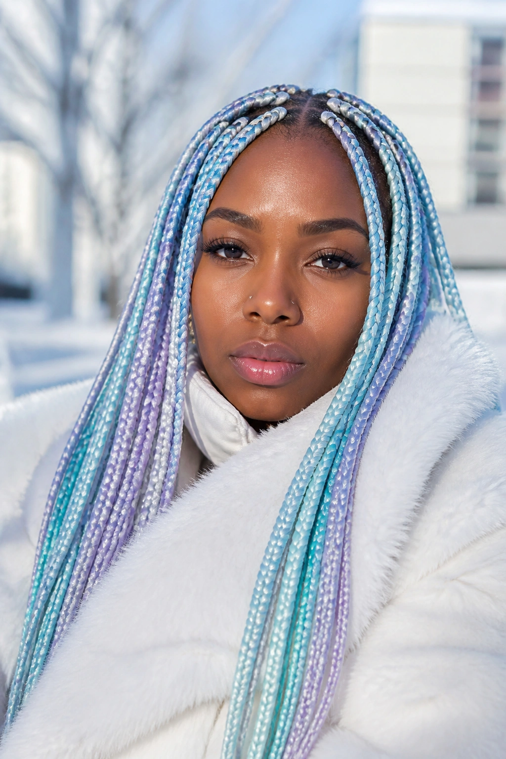 Close-up of a real woman with icy blue and silver Arctic Ice Rainbow box braids against a snowy backdrop