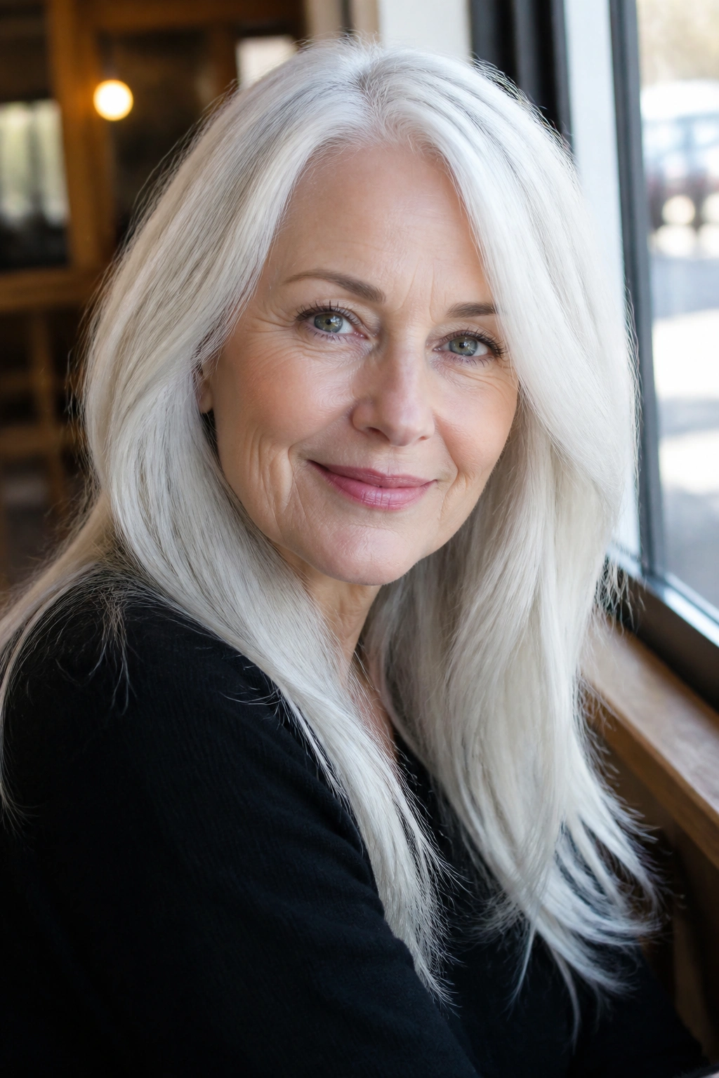 Portrait of a real person with pure white Arctic silver hair in warm cafe light.