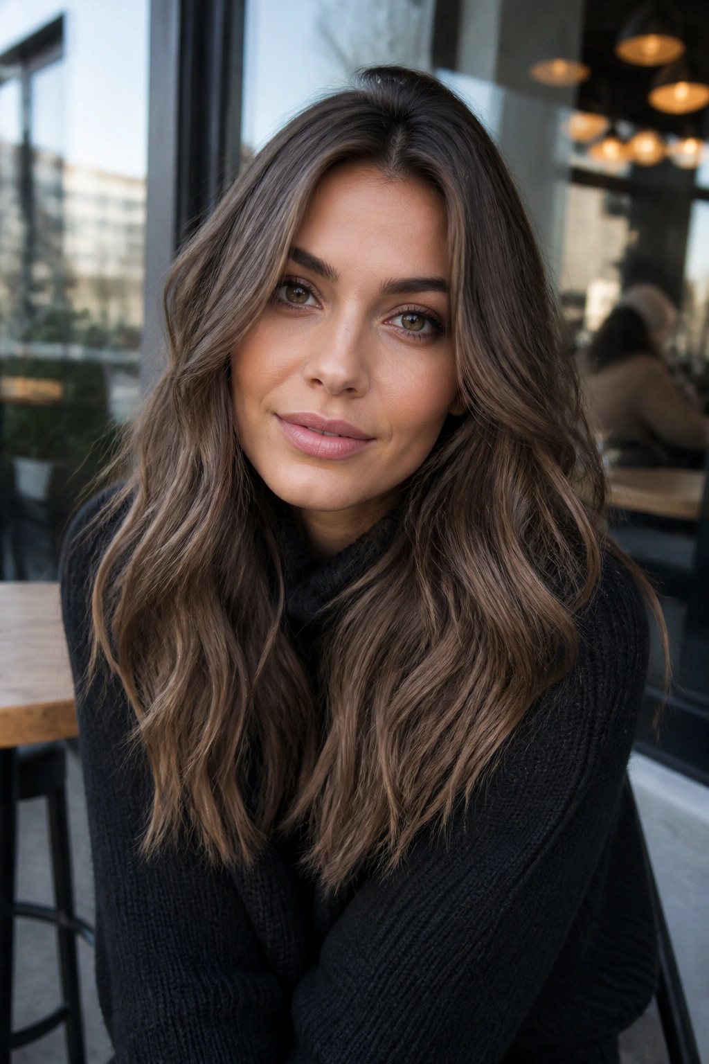 Close-up portrait with ash brown hair in cool daylight.