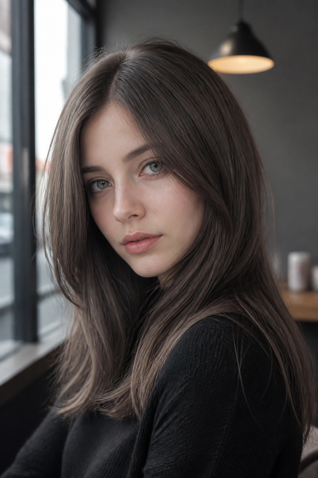 Close-up portrait of a real person with ash brown hair and pale skin