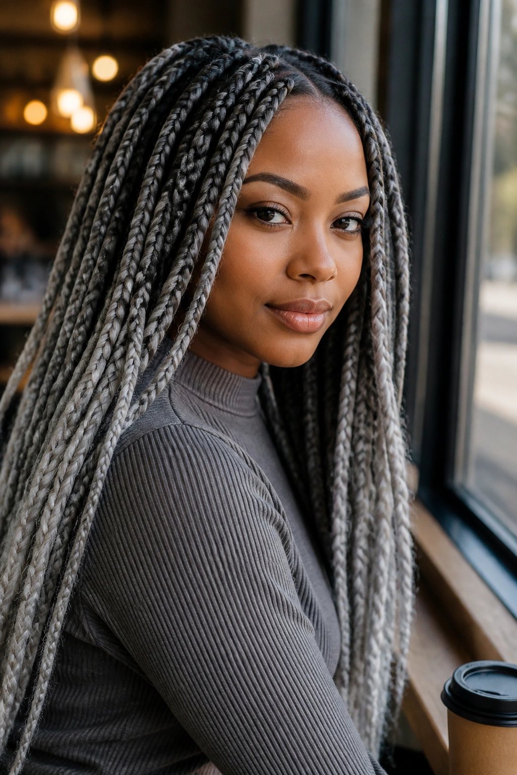 Real person with ash grey balayage jumbo braids