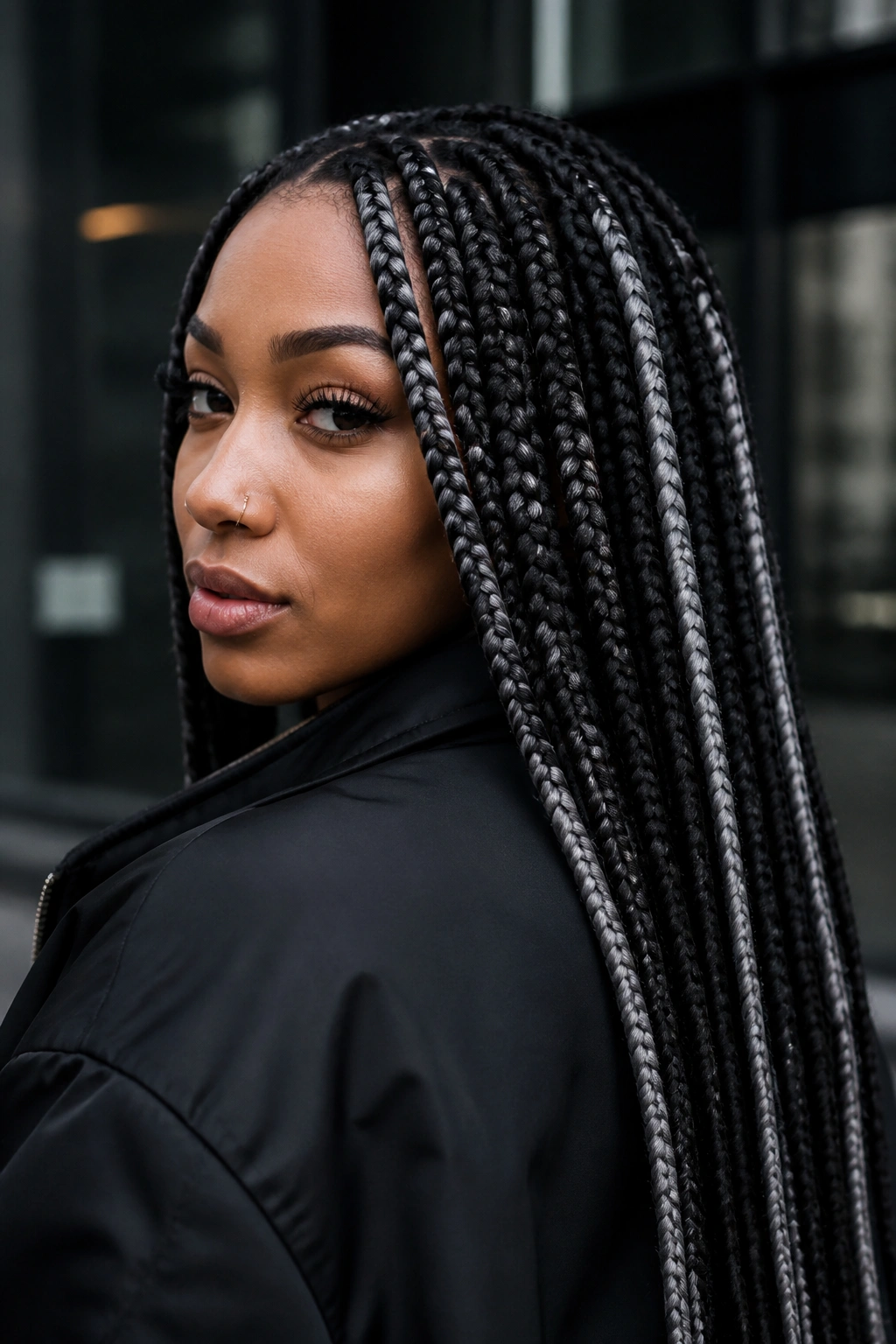 Close-up of real person with ash grey knots in jet-black braids in a moody urban setting
