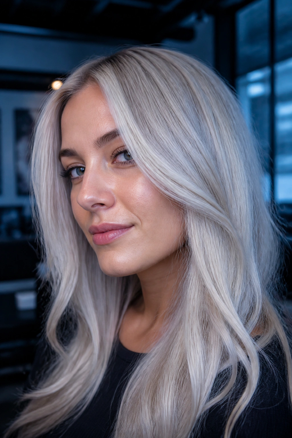 Close-up of a woman with ash platinum hair in a cool-toned urban loft.