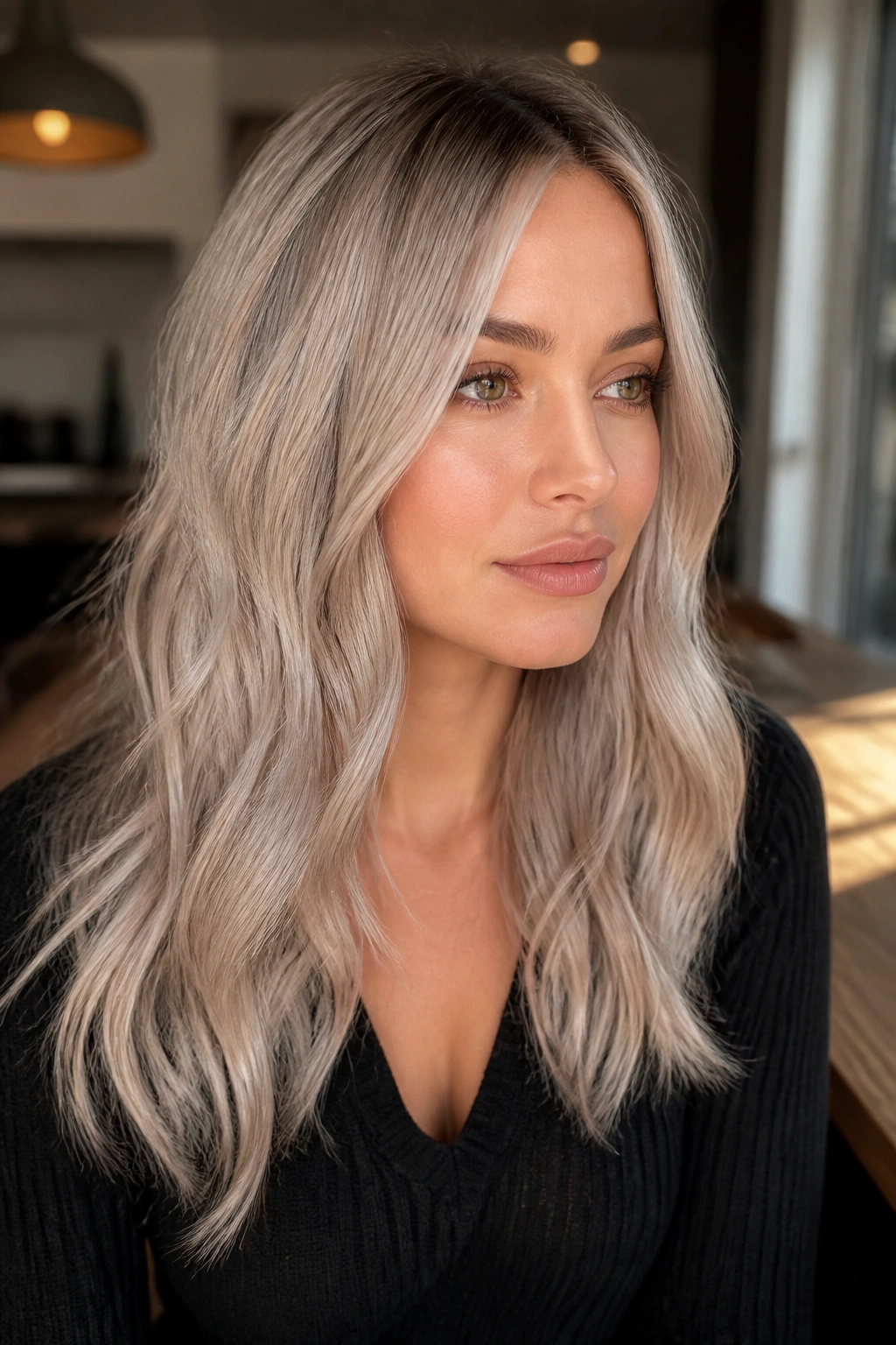 Portrait of a real person with ashy silver blonde hair in warm natural light.