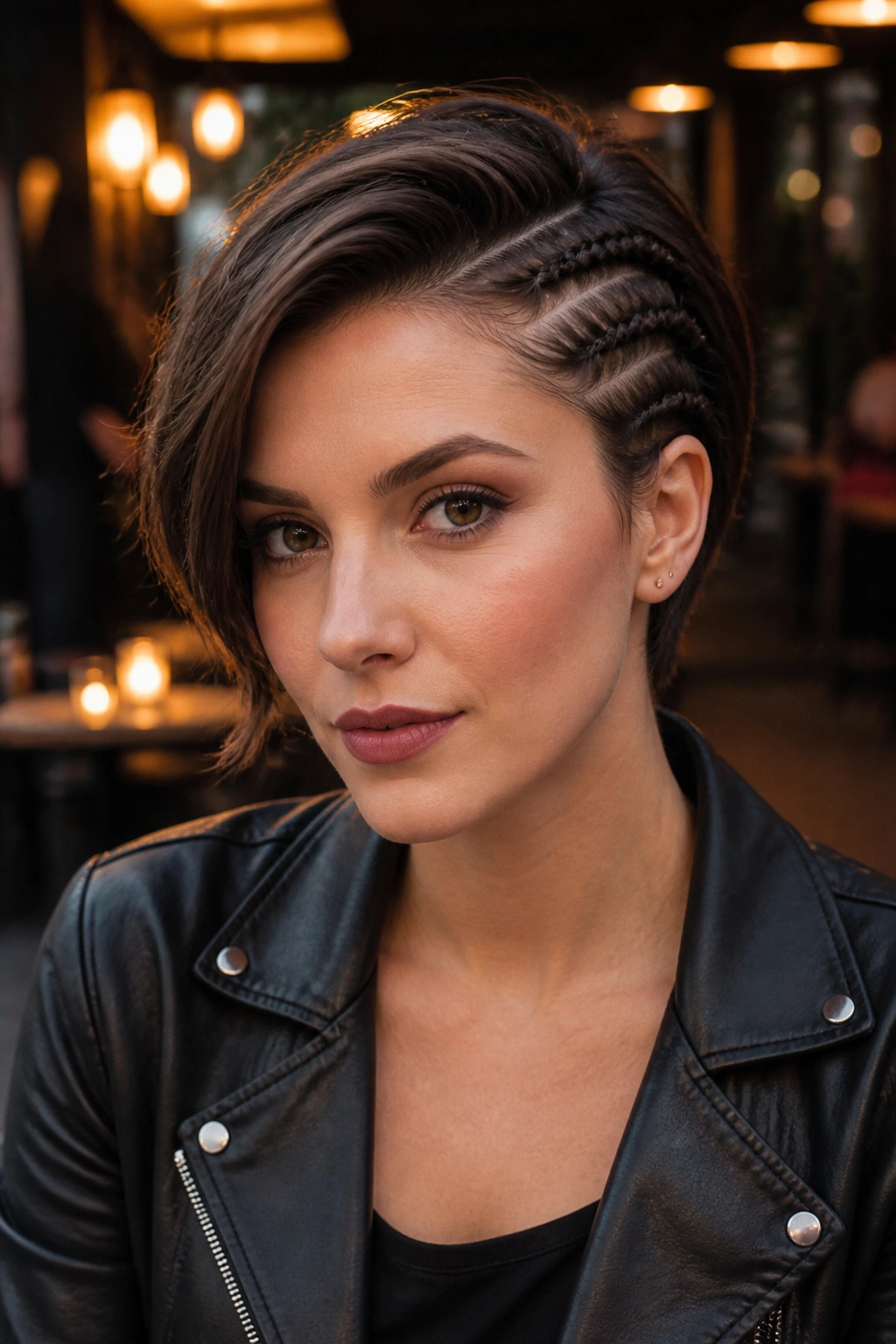 Portrait showing multiple tight rope twists on one side of head