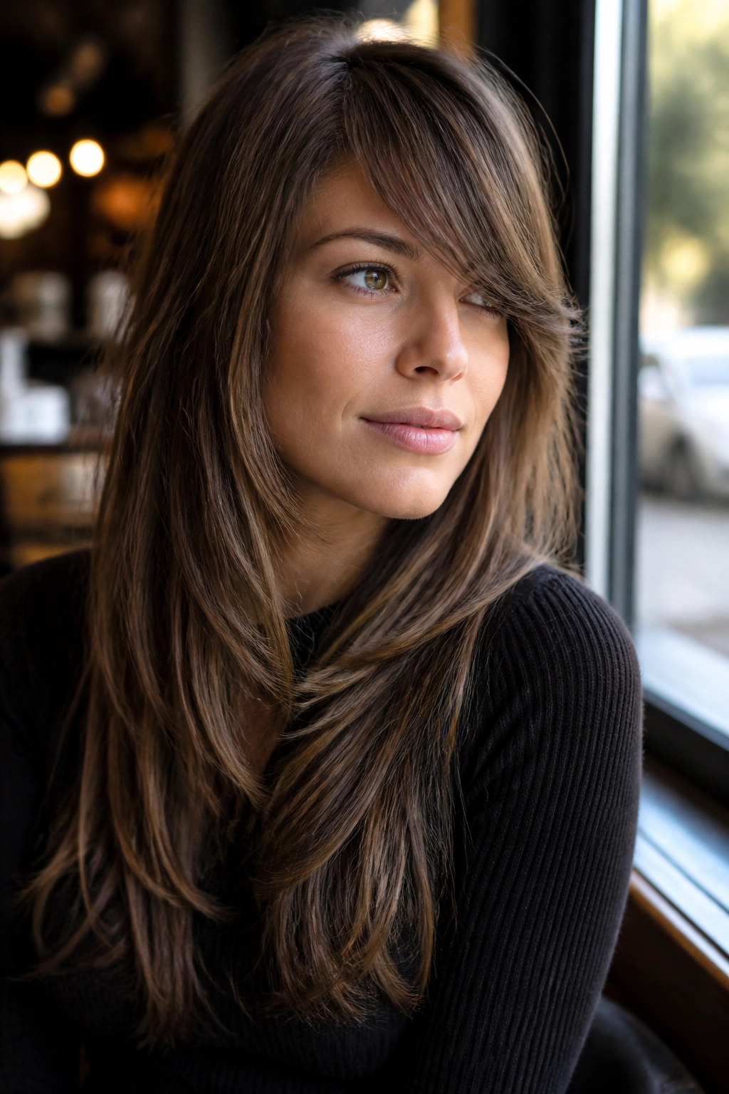 Close-up portrait of a real woman with asymmetrical bangs and long layers in a cafe setting