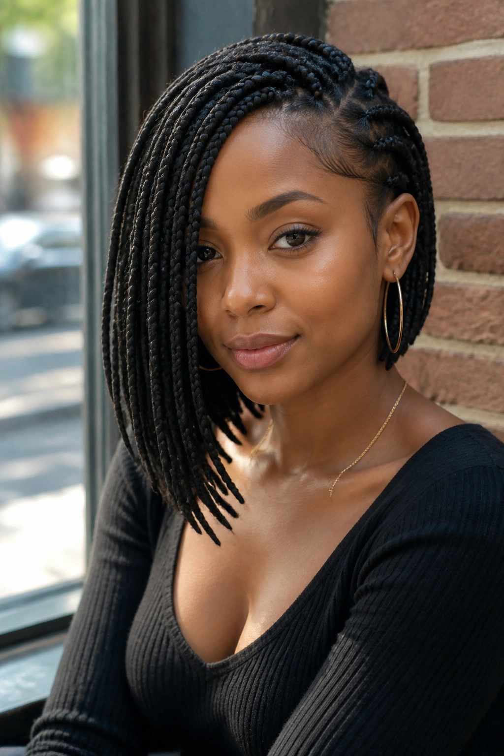 Asymmetrical bob braided hairstyle on a real person