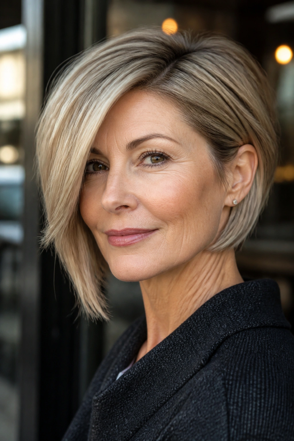 Portrait of a real woman with an asymmetrical bob and deep side part in urban light