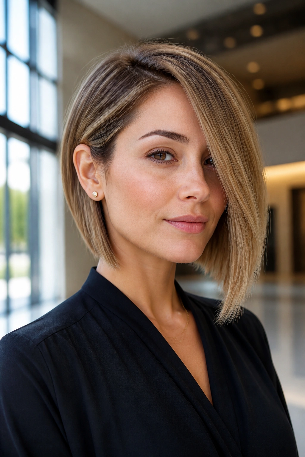 Close-up portrait of a real person with asymmetrical bob and diagonal line in an office lobby