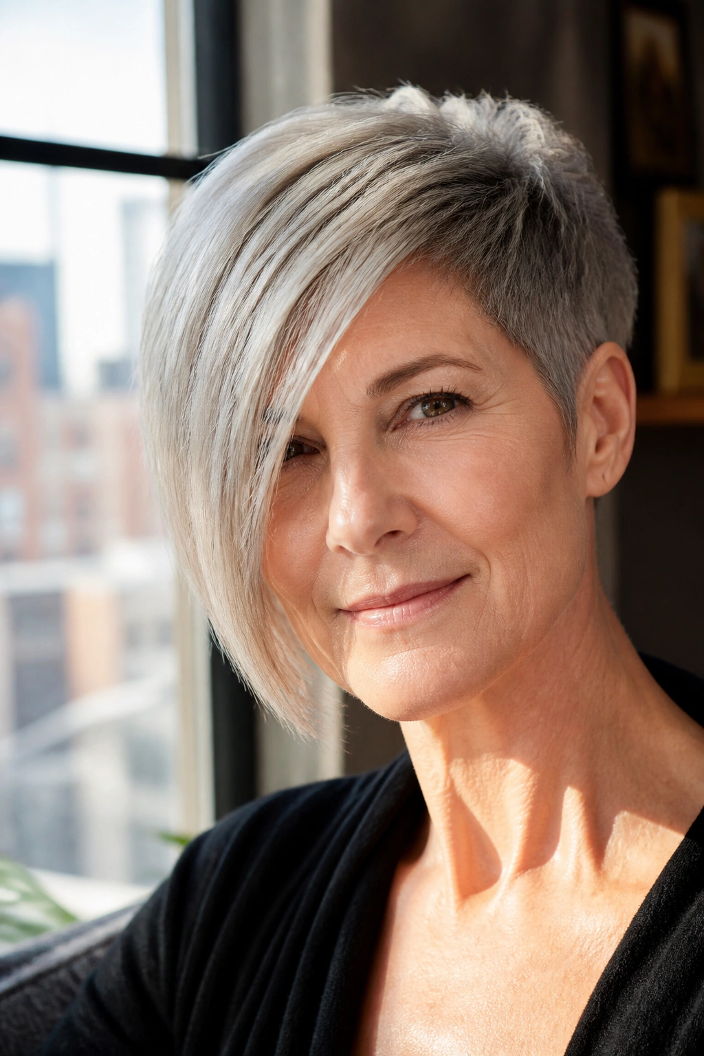 Close-up of a woman with an asymmetrical crop, diagonal longer side for a sculpted look.