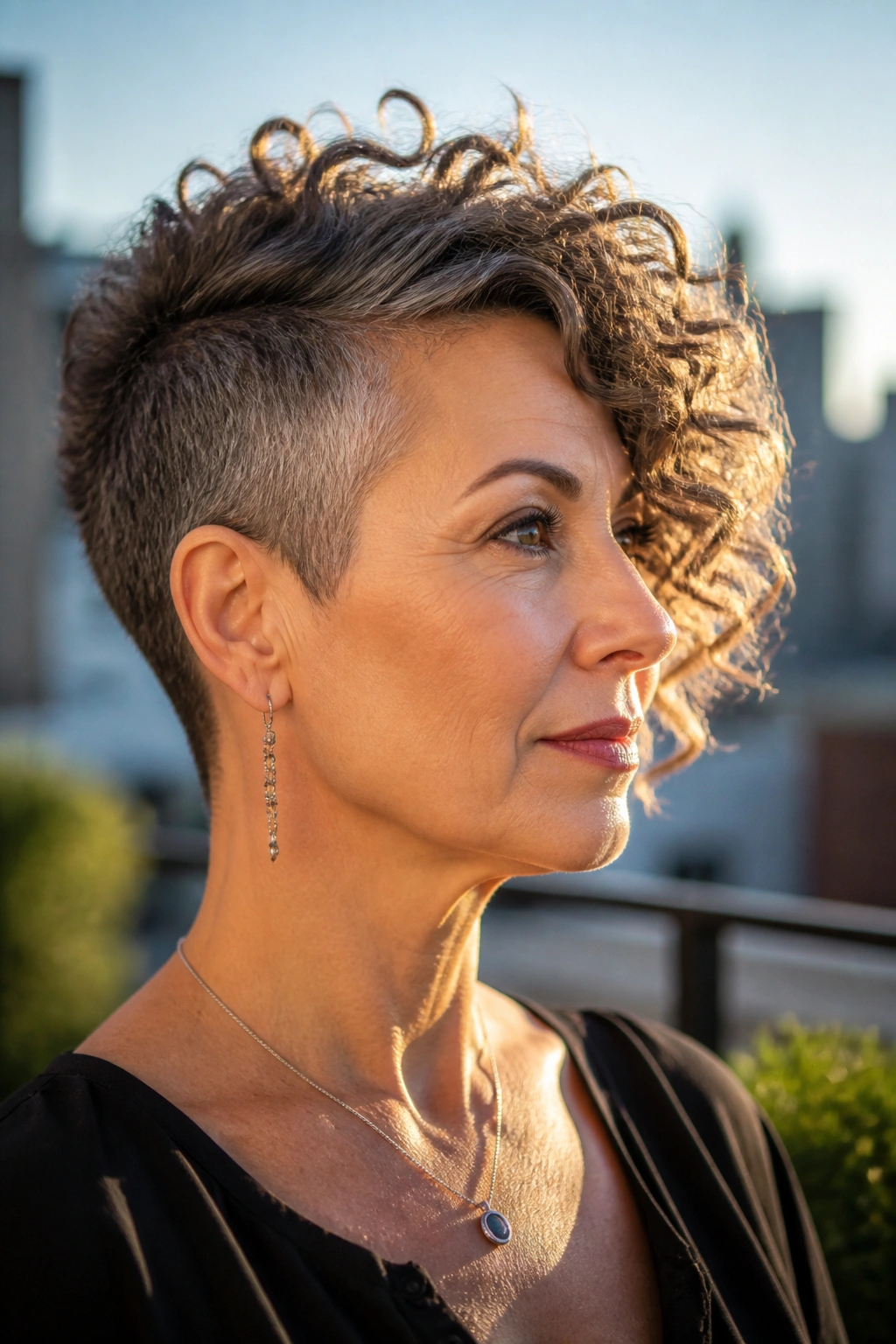 Portrait of a real woman with one-side shaved, long curly side on a rooftop setting