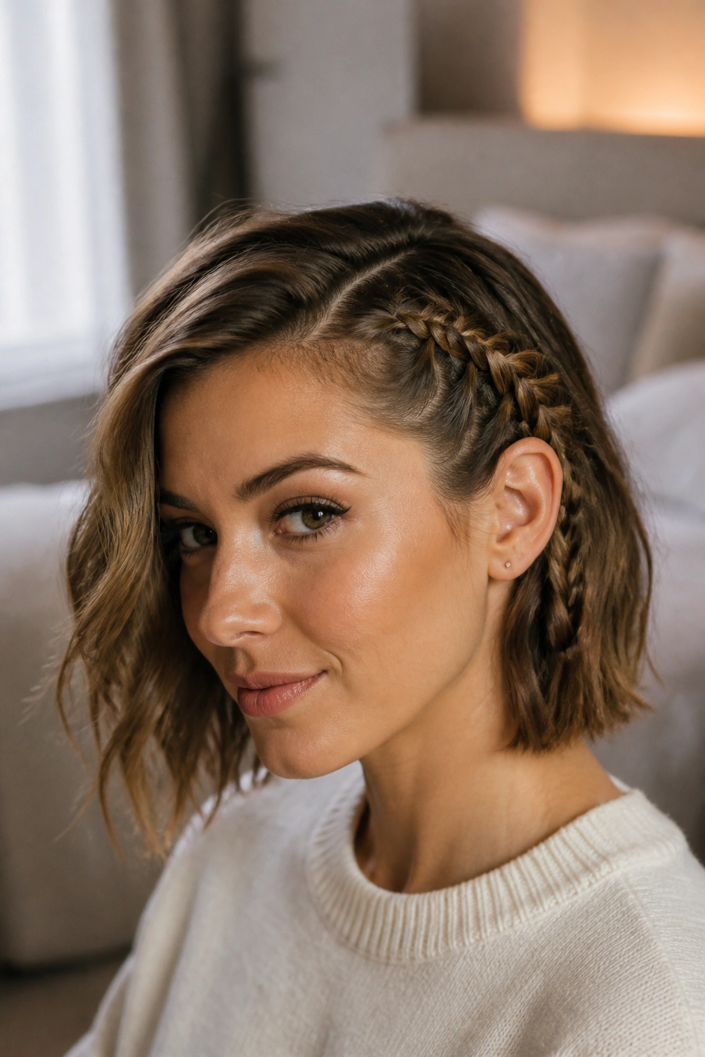 Close-up portrait of a real woman with an asymmetrical lace braid along a deep side part tucked behind the ear.