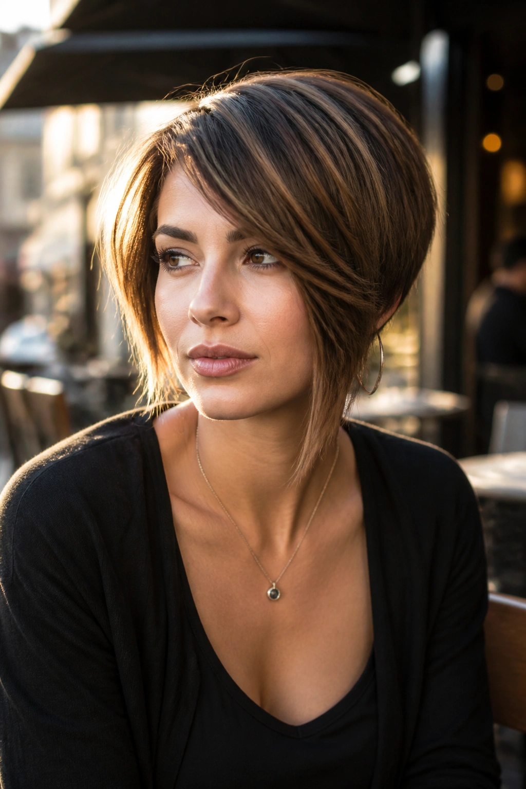 Medium close-up of a real person with an asymmetrical layered bob