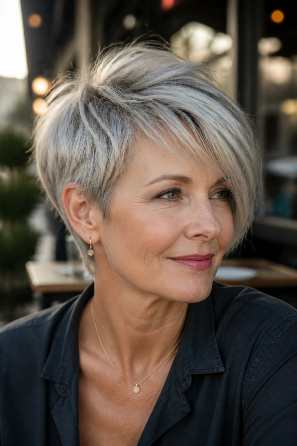Portrait of a real woman with an asymmetrical pixie bob outdoors.
