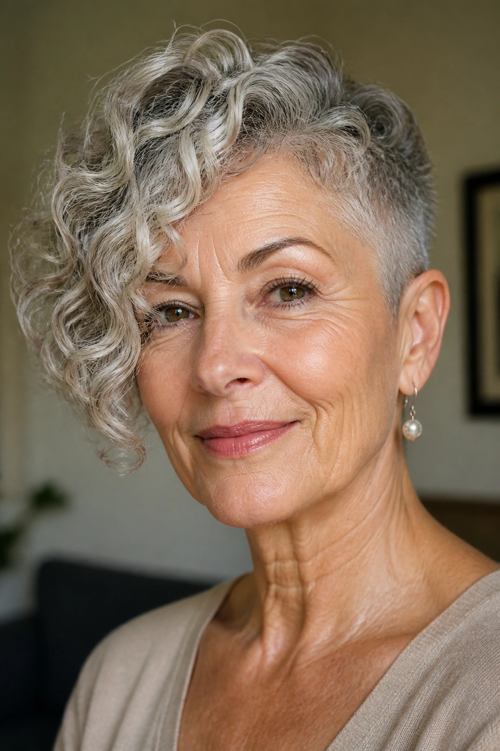 Real woman with asymmetrical curly pixie