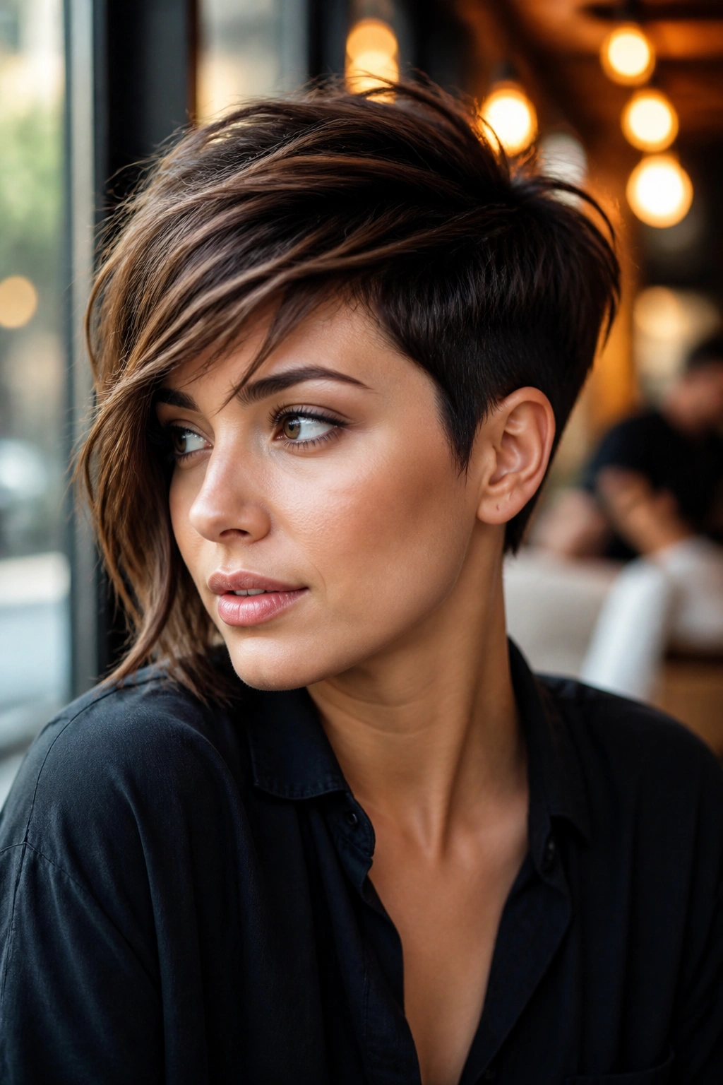 Close-up profile of a real woman with an asymmetrical pixie cut in warm cafe light.