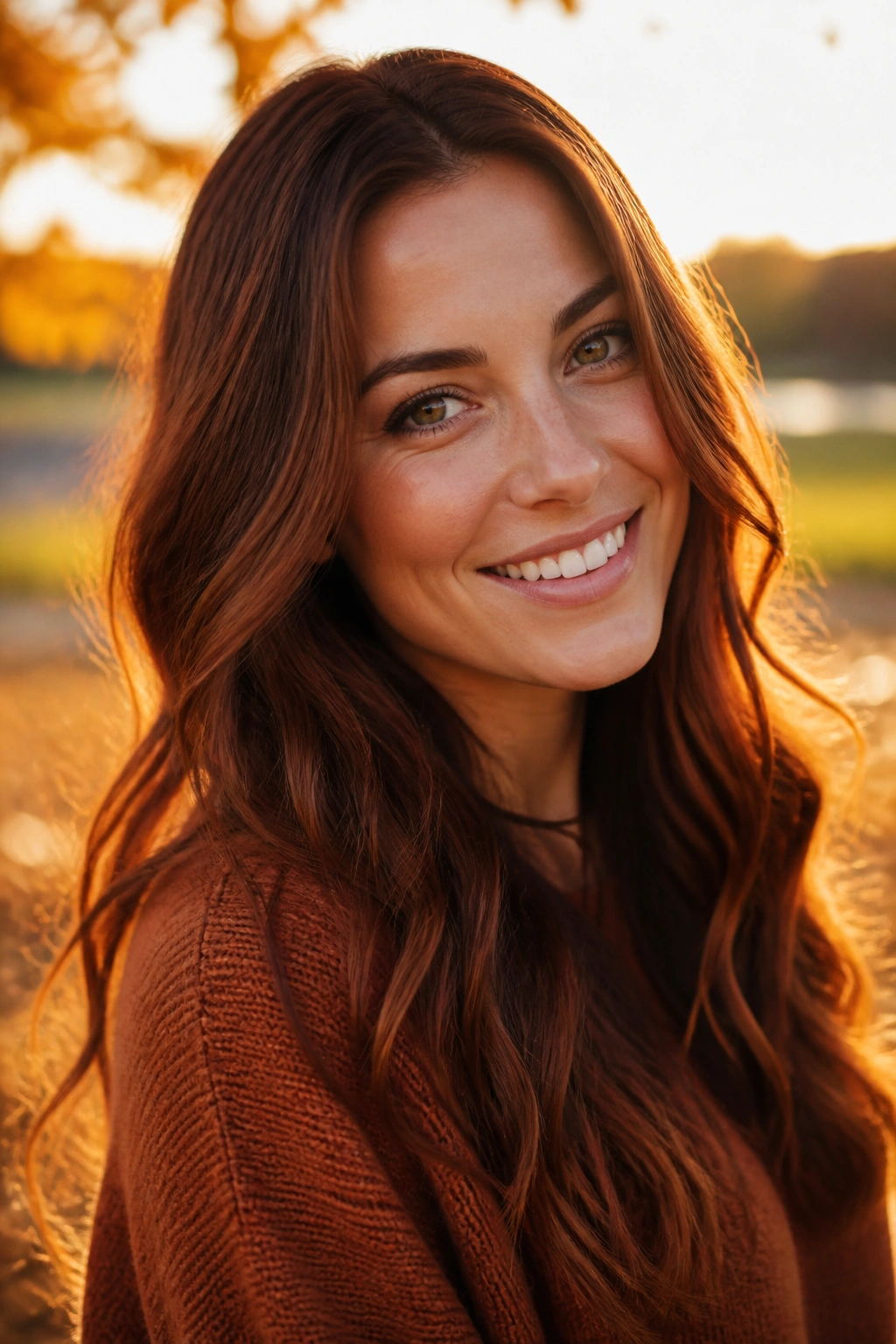 Portrait of a person with auburn brunette hair glowing in autumn light.