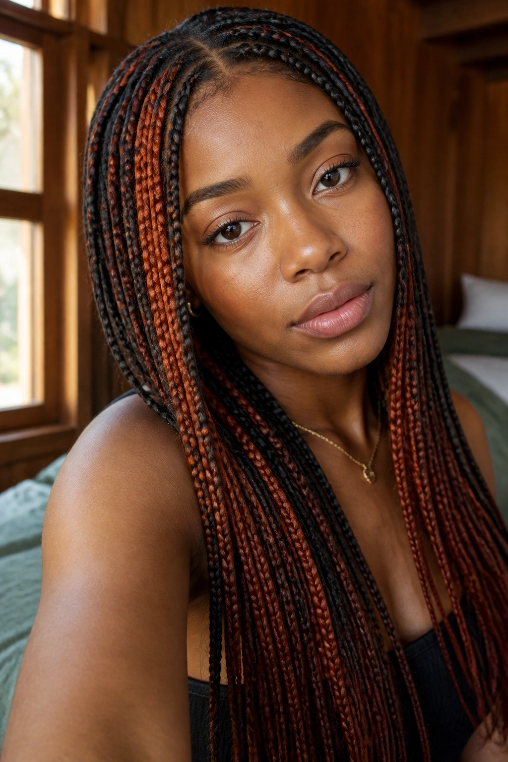 Close-up of warm auburn peekaboo in knotless box braids on a real person.