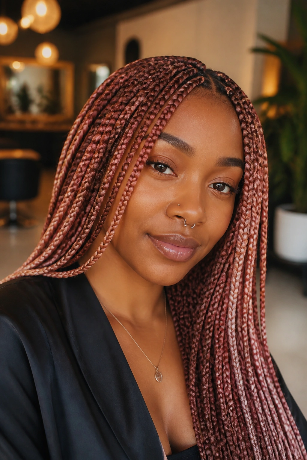 Close-up portrait of a real person with auburn hair and rose gold knotless braids